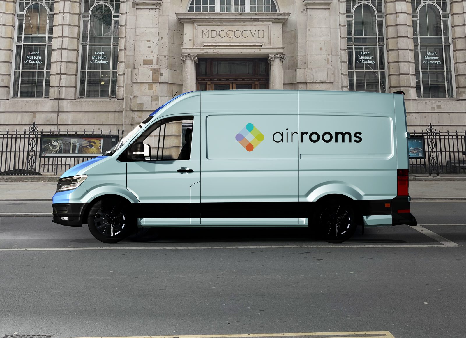 The AirRooms branded van, wrapped in the company livery.